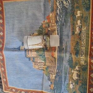 Le Mont St Michel French tapestry 13 inch by 13 inch.. & Shot Glass From France